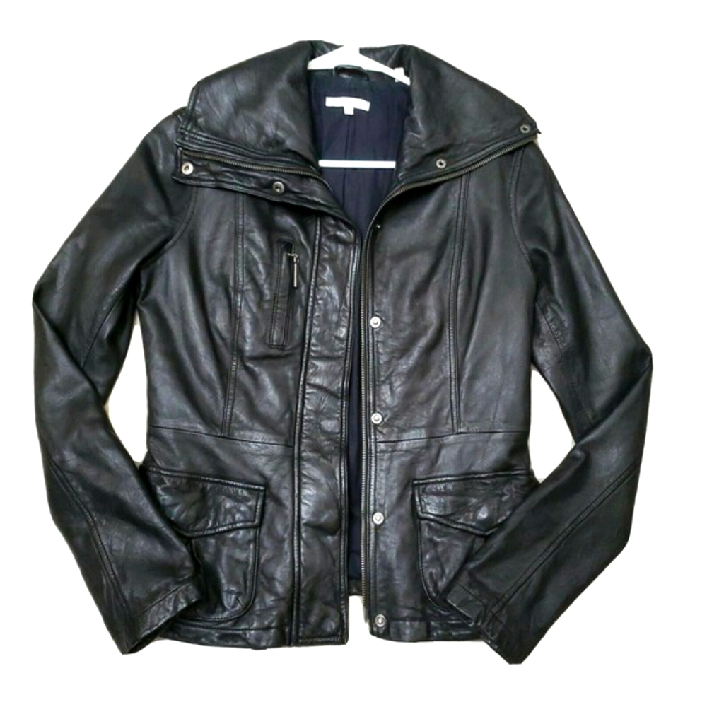 Vince Women's Soft Leather Full Zipper Moto Bomber Jacket Black Small